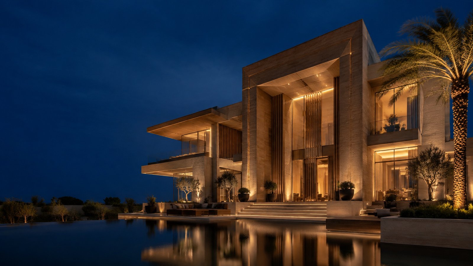 Conceptual contemporary architecture opening onto a reflecting pool at dusk